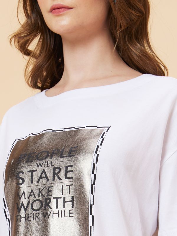 Globus Women White Typography Print Round Neck Boxy Fit Casual T-Shirt