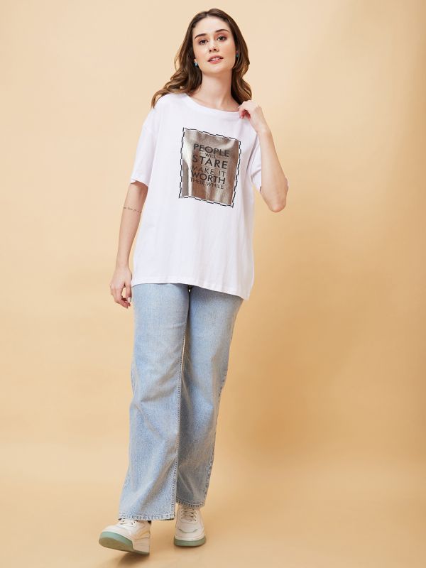 Globus Women White Typography Print Round Neck Boxy Fit Casual T-Shirt