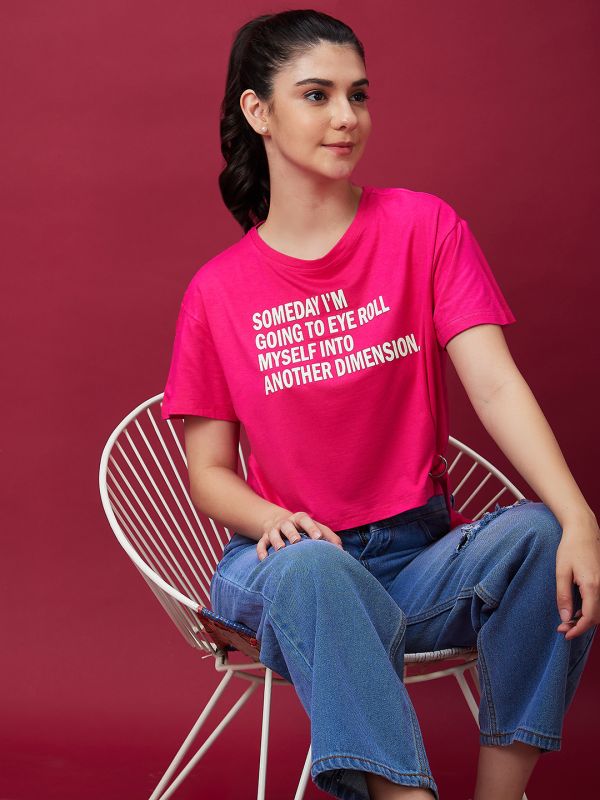 Globus Women Fuchsia Drop Shoulder Short Sleeve Boxy Casual Graphic Tshirt