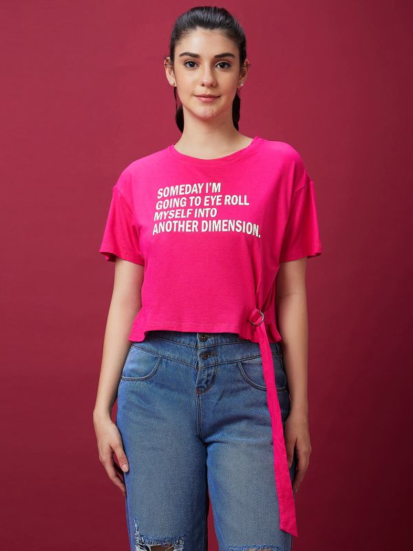 Globus Women Fuchsia Drop Shoulder Short Sleeve Boxy Casual Graphic Tshirt
