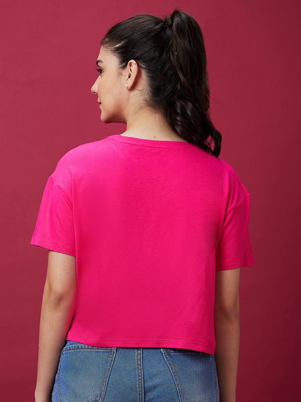 Globus Women Fuchsia Drop Shoulder Short Sleeve Boxy Casual Graphic Tshirt