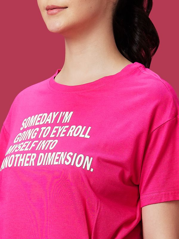 Globus Women Fuchsia Drop Shoulder Short Sleeve Boxy Casual Graphic Tshirt