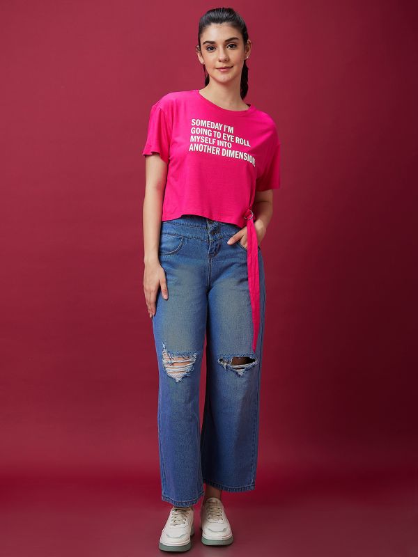 Globus Women Fuchsia Drop Shoulder Short Sleeve Boxy Casual Graphic Tshirt
