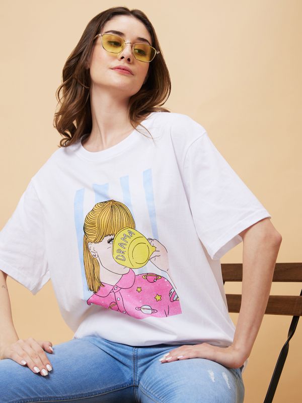 Globus Women White Graphic Print Round Neck Boxy Fit Casual T-Shirt