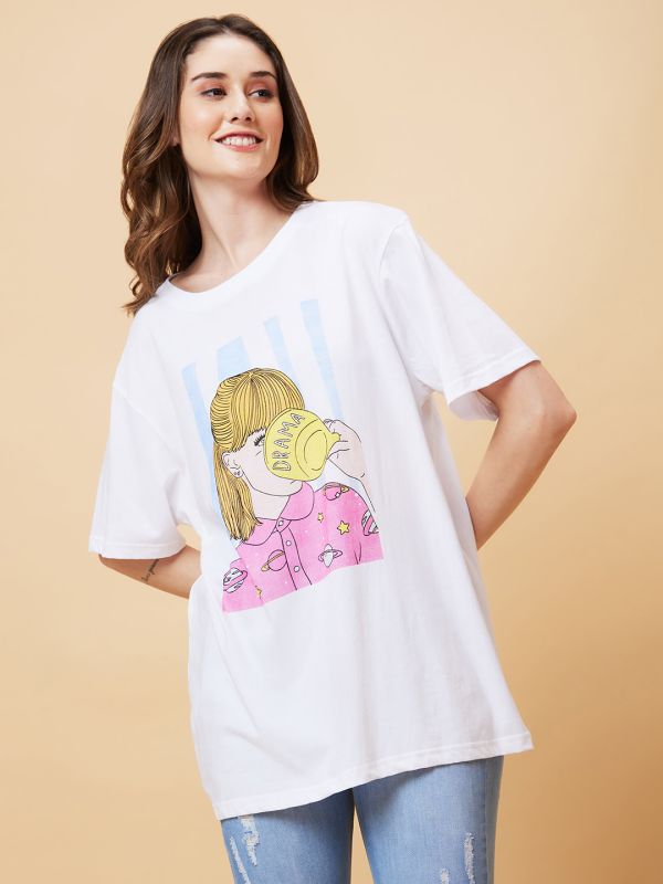 Globus Women White Graphic Print Round Neck Boxy Fit Casual T-Shirt