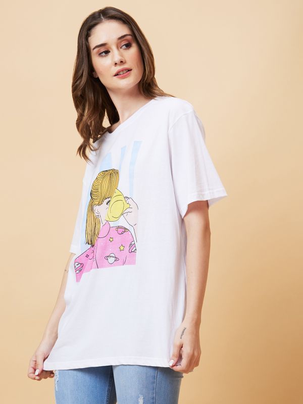 Globus Women White Graphic Print Round Neck Boxy Fit Casual T-Shirt