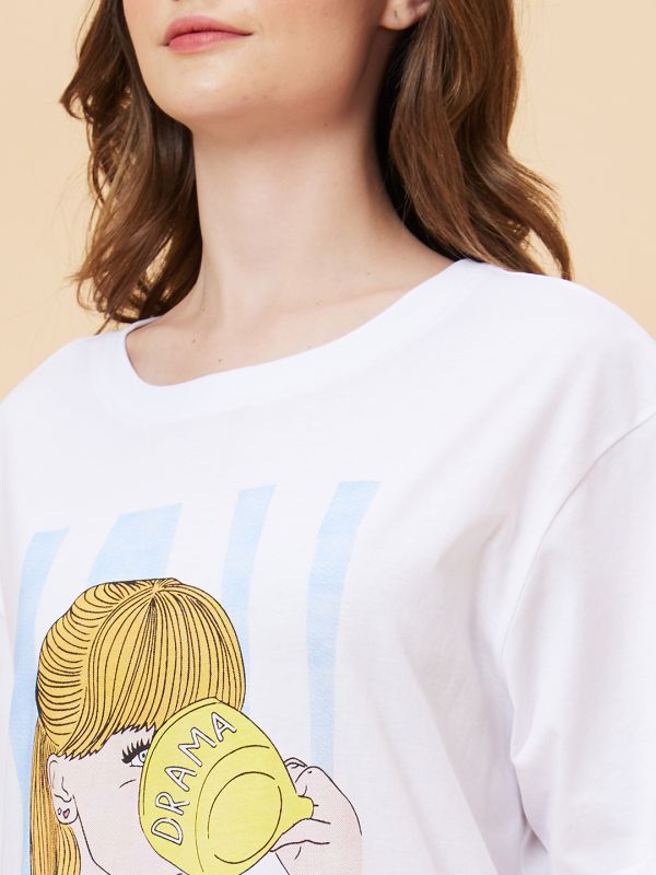 Globus Women White Graphic Print Round Neck Boxy Fit Casual T-Shirt