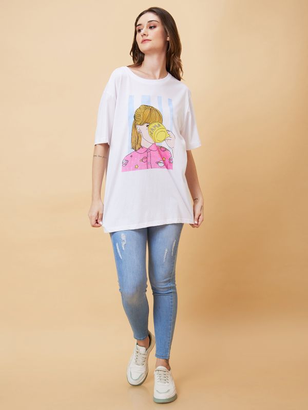 Globus Women White Graphic Print Round Neck Boxy Fit Casual T-Shirt