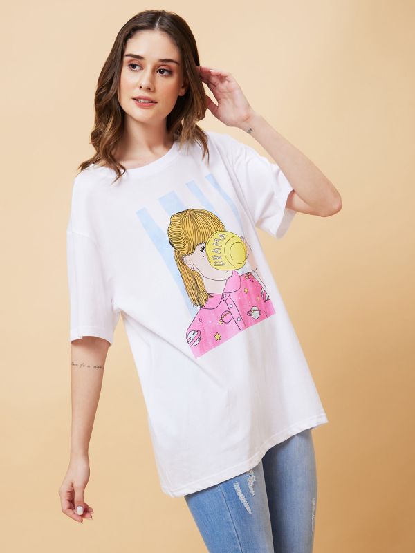 Globus Women White Graphic Print Round Neck Boxy Fit Casual T-Shirt