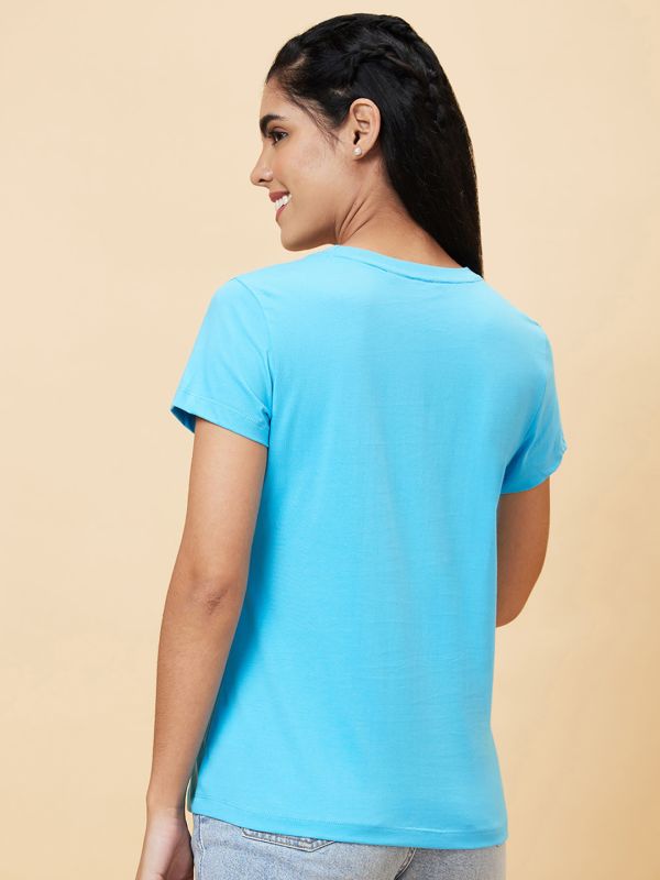 Globus Women Turquoise Printed Round Neck Casual Regular Fit T-shirt