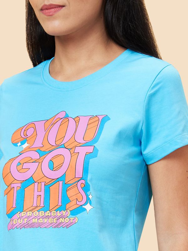 Globus Women Turquoise Printed Round Neck Casual Regular Fit T-shirt