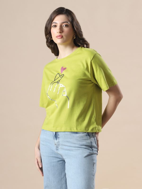 Globus Women Green Drop Shoulder Korean Graphic Printed Oversized Trendy Crop T-Shirt