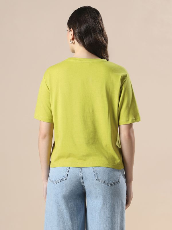 Globus Women Green Drop Shoulder Korean Graphic Printed Oversized Trendy Crop T-Shirt