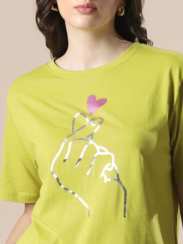 Globus Women Green Drop Shoulder Korean Graphic Printed Oversized Trendy Crop T-Shirt