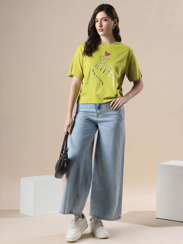 Globus Women Green Drop Shoulder Korean Graphic Printed Oversized Trendy Crop T-Shirt