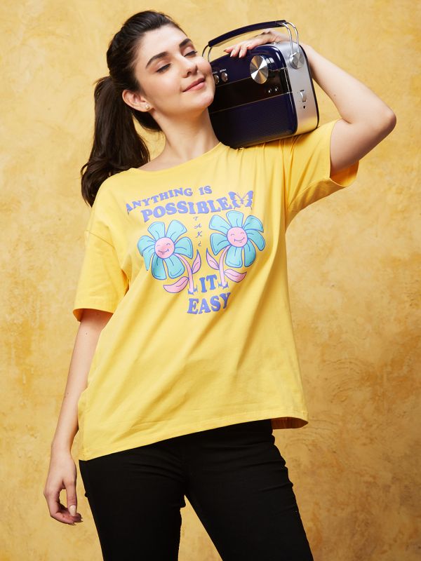Globus Women Yellow Typography Print Boxy Tshirt