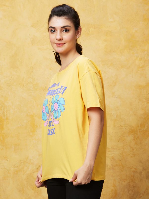 Globus Women Yellow Typography Print Boxy Tshirt