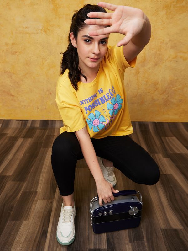 Globus Women Yellow Typography Print Boxy Tshirt