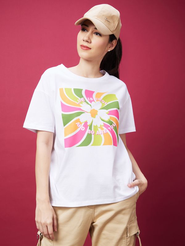 Globus Women White Floral Print Drop-Shoulder Sleeves Boxy Tshirt