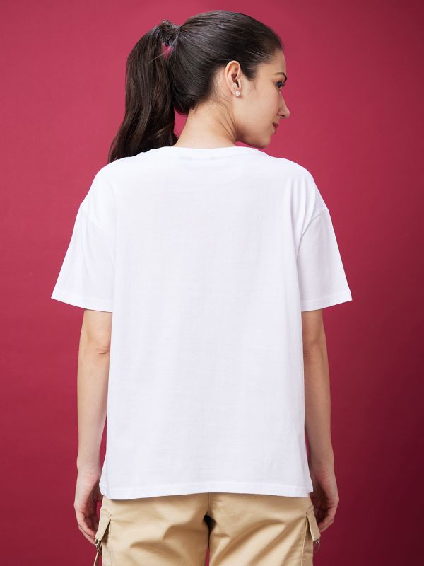 Globus Women White Floral Print Drop-Shoulder Sleeves Boxy Tshirt