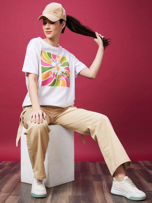 Globus Women White Floral Print Drop-Shoulder Sleeves Boxy Tshirt