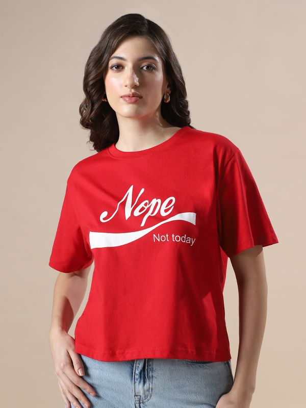 Globus Women Red Drop Shoulder Graphic Printed Oversized Trendy Crop T-Shirt