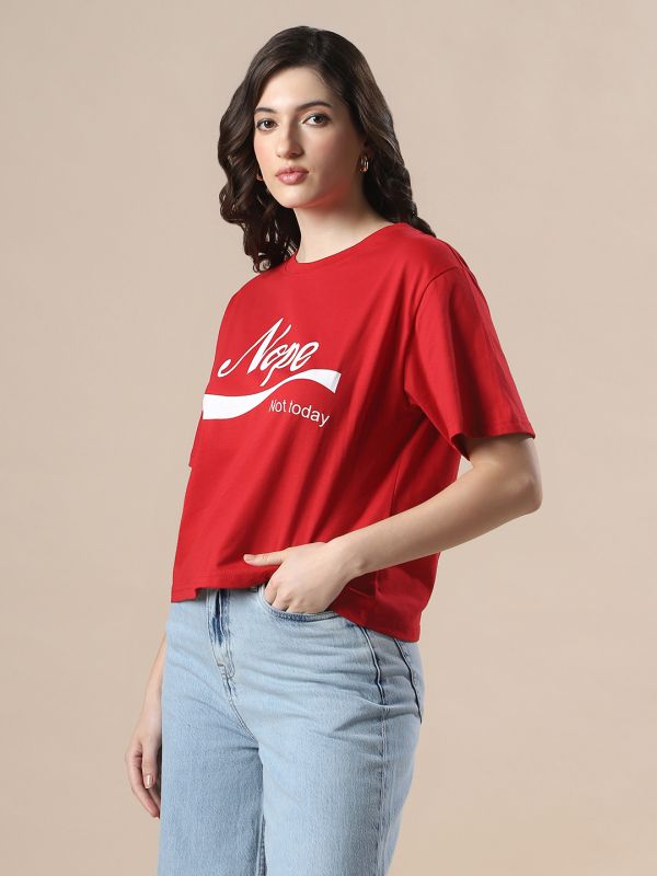 Globus Women Red Drop Shoulder Graphic Printed Oversized Trendy Crop T-Shirt