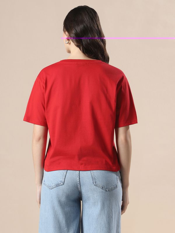 Globus Women Red Drop Shoulder Graphic Printed Oversized Trendy Crop T-Shirt