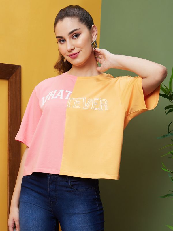 Globus Women Orange Boxy Fit Printed Cotton T-Shirts