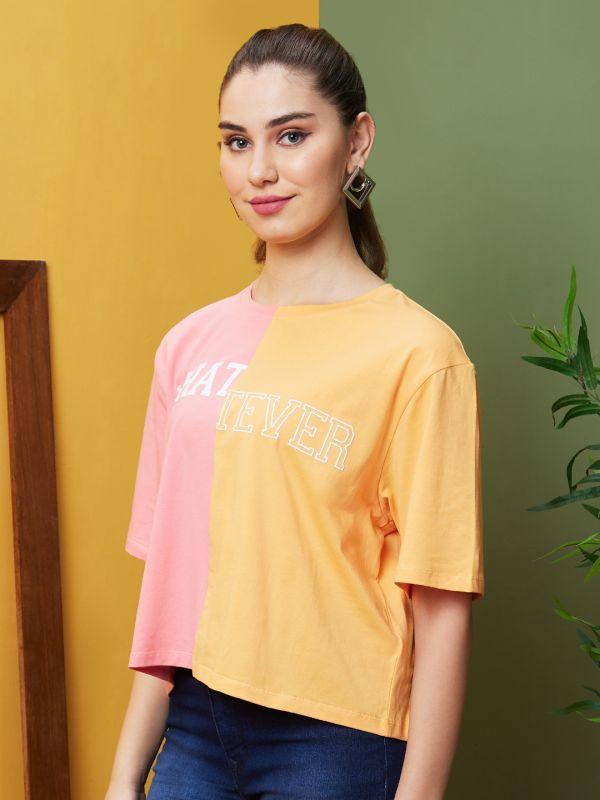Globus Women Orange Boxy Fit Printed Cotton T-Shirts