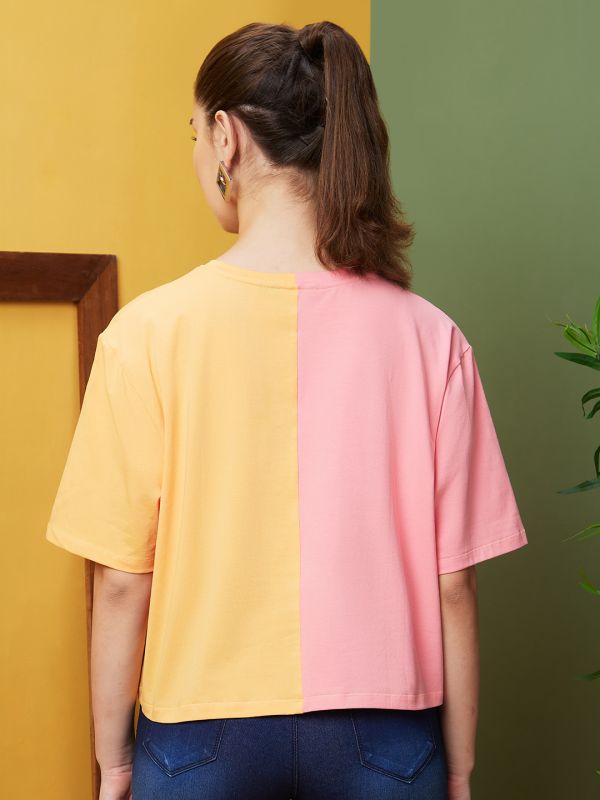 Globus Women Orange Boxy Fit Printed Cotton T-Shirts