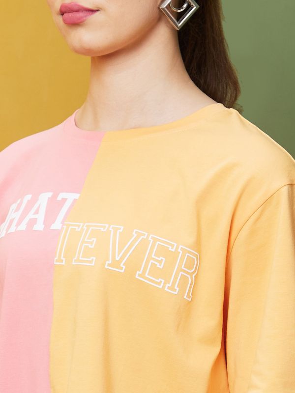 Globus Women Orange Boxy Fit Printed Cotton T-Shirts