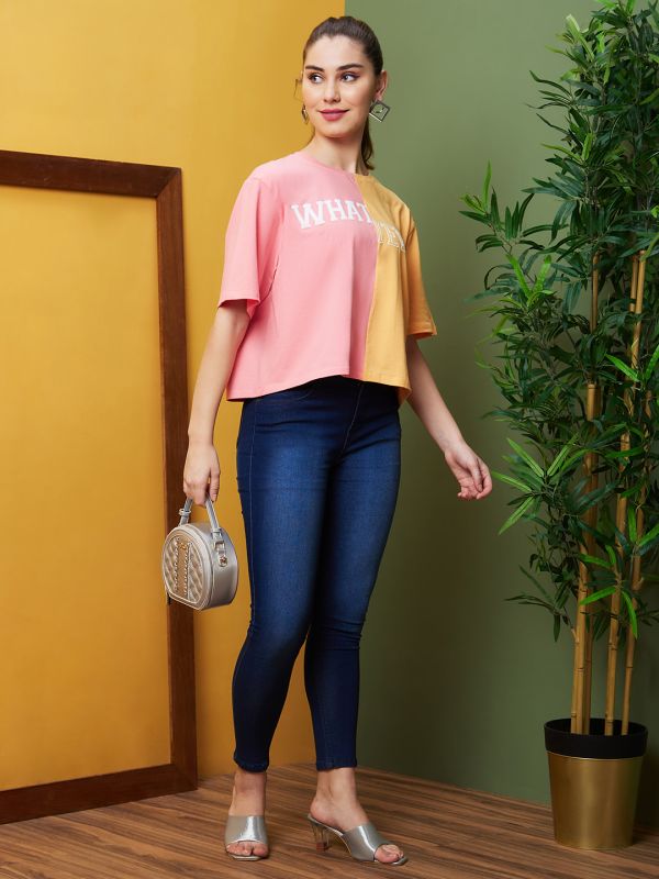 Globus Women Orange Boxy Fit Printed Cotton T-Shirts