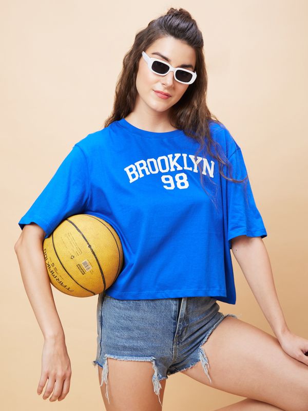 Globus Women Blue Varsity Typography Print Round Neck Casual Boxy Fit Crop T-Shirt
