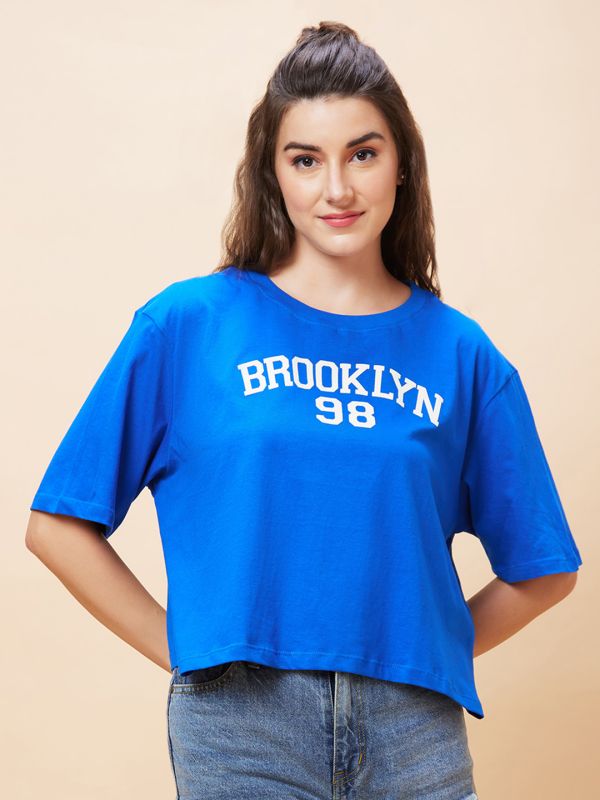 Globus Women Blue Varsity Typography Print Round Neck Casual Boxy Fit Crop T-Shirt
