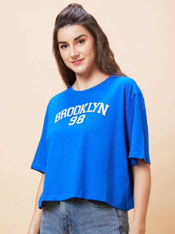 Globus Women Blue Varsity Typography Print Round Neck Casual Boxy Fit Crop T-Shirt