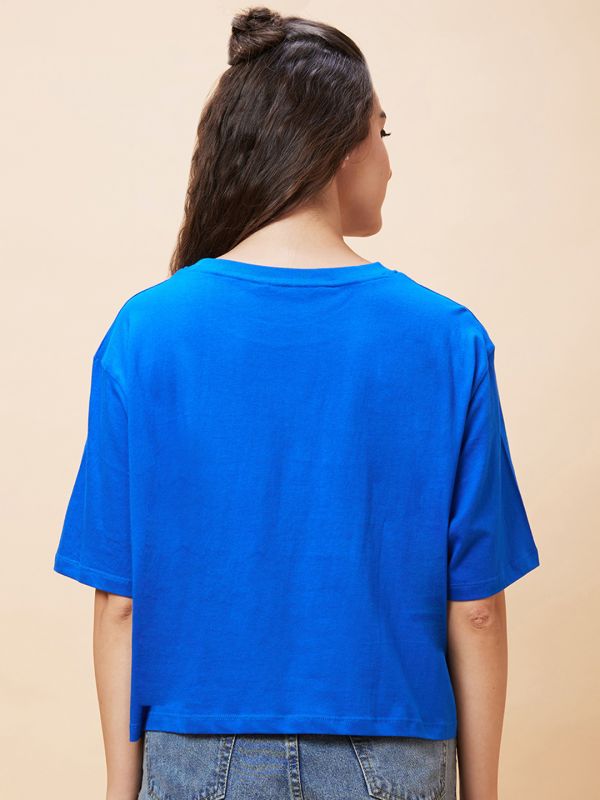 Globus Women Blue Varsity Typography Print Round Neck Casual Boxy Fit Crop T-Shirt