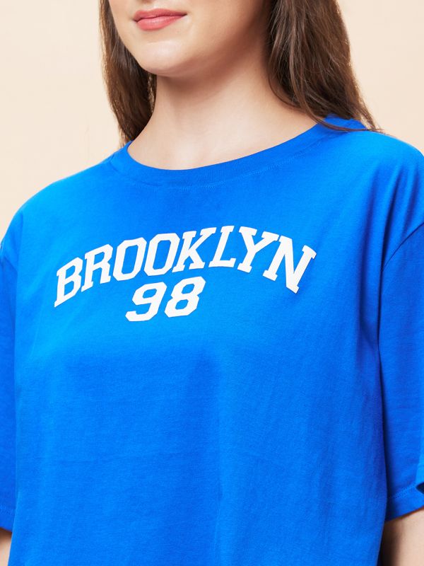 Globus Women Blue Varsity Typography Print Round Neck Casual Boxy Fit Crop T-Shirt