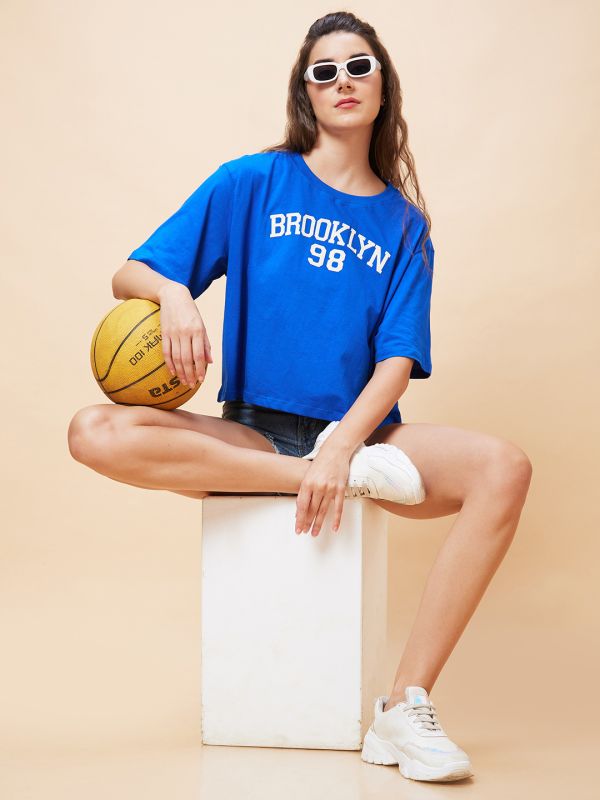 Globus Women Blue Varsity Typography Print Round Neck Casual Boxy Fit Crop T-Shirt
