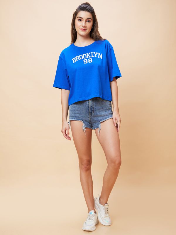 Globus Women Blue Varsity Typography Print Round Neck Casual Boxy Fit Crop T-Shirt