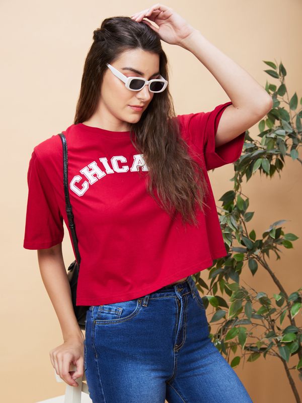 Globus Women Red Varsity Typography Print Round Neck Casual Boxy Fit Crop T-Shirt