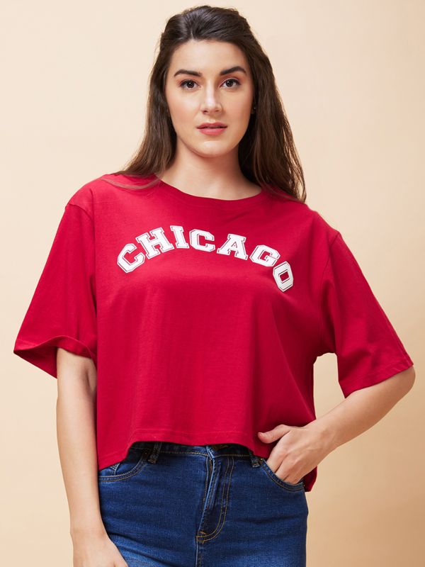 Globus Women Red Varsity Typography Print Round Neck Casual Boxy Fit Crop T-Shirt