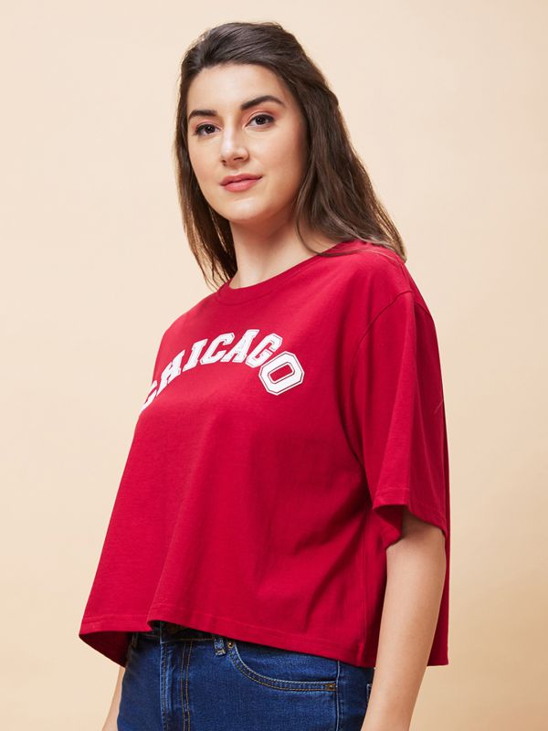 Globus Women Red Varsity Typography Print Round Neck Casual Boxy Fit Crop T-Shirt