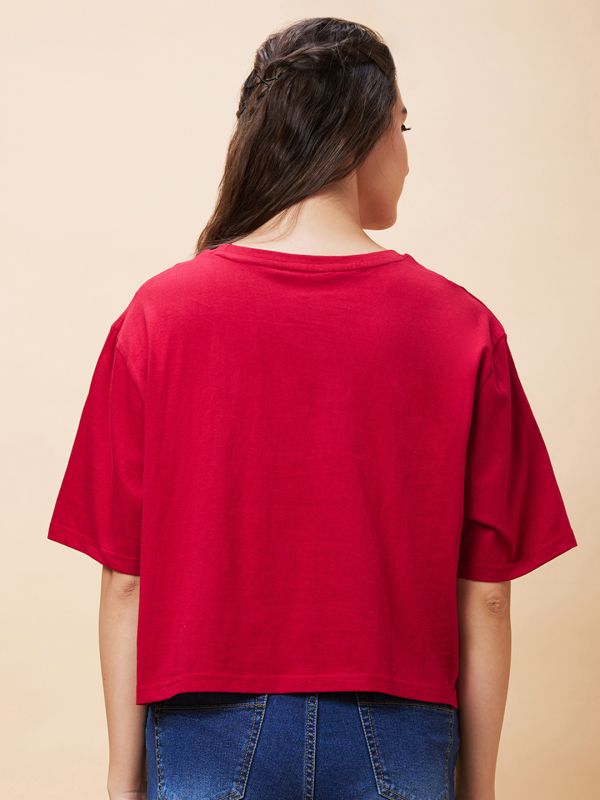 Globus Women Red Varsity Typography Print Round Neck Casual Boxy Fit Crop T-Shirt