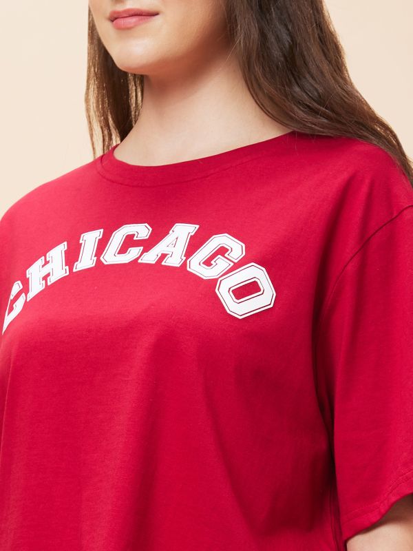 Globus Women Red Varsity Typography Print Round Neck Casual Boxy Fit Crop T-Shirt