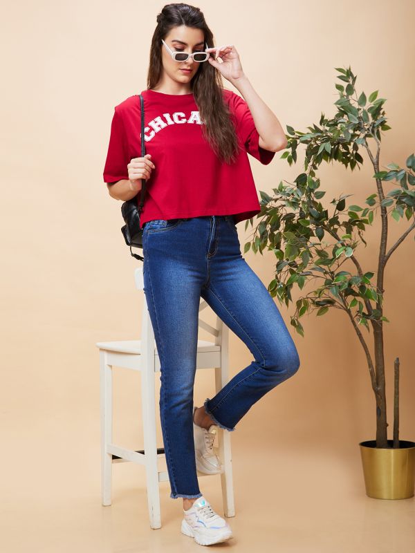 Globus Women Red Varsity Typography Print Round Neck Casual Boxy Fit Crop T-Shirt