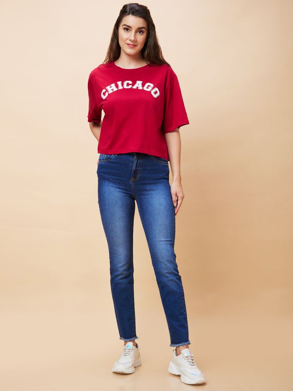 Globus Women Red Varsity Typography Print Round Neck Casual Boxy Fit Crop T-Shirt