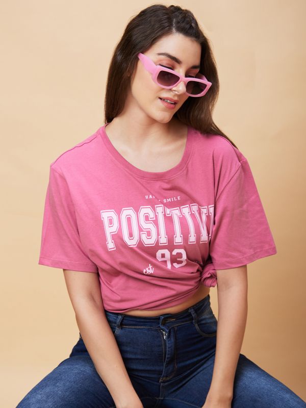 Globus Women Purple Typography Print Round Neck Casual Oversized T-Shirt