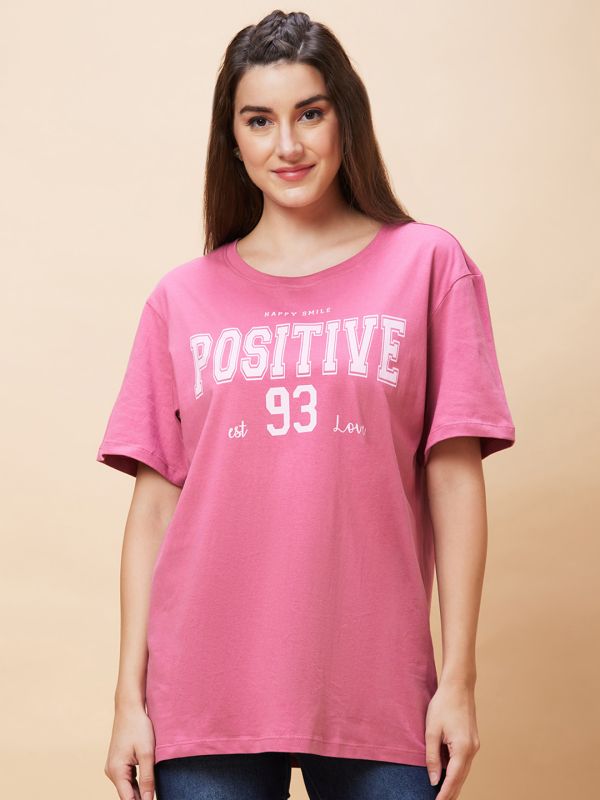 Globus Women Purple Typography Print Round Neck Casual Oversized T-Shirt