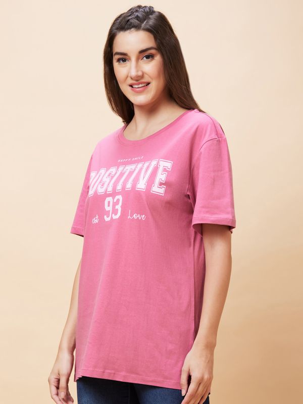Globus Women Purple Typography Print Round Neck Casual Oversized T-Shirt